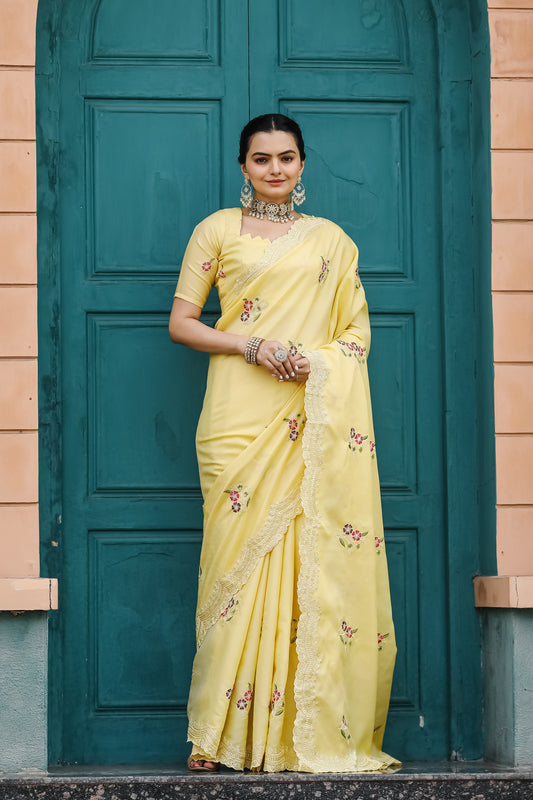 Women Embroidered Yellow Saree with Contrast Border