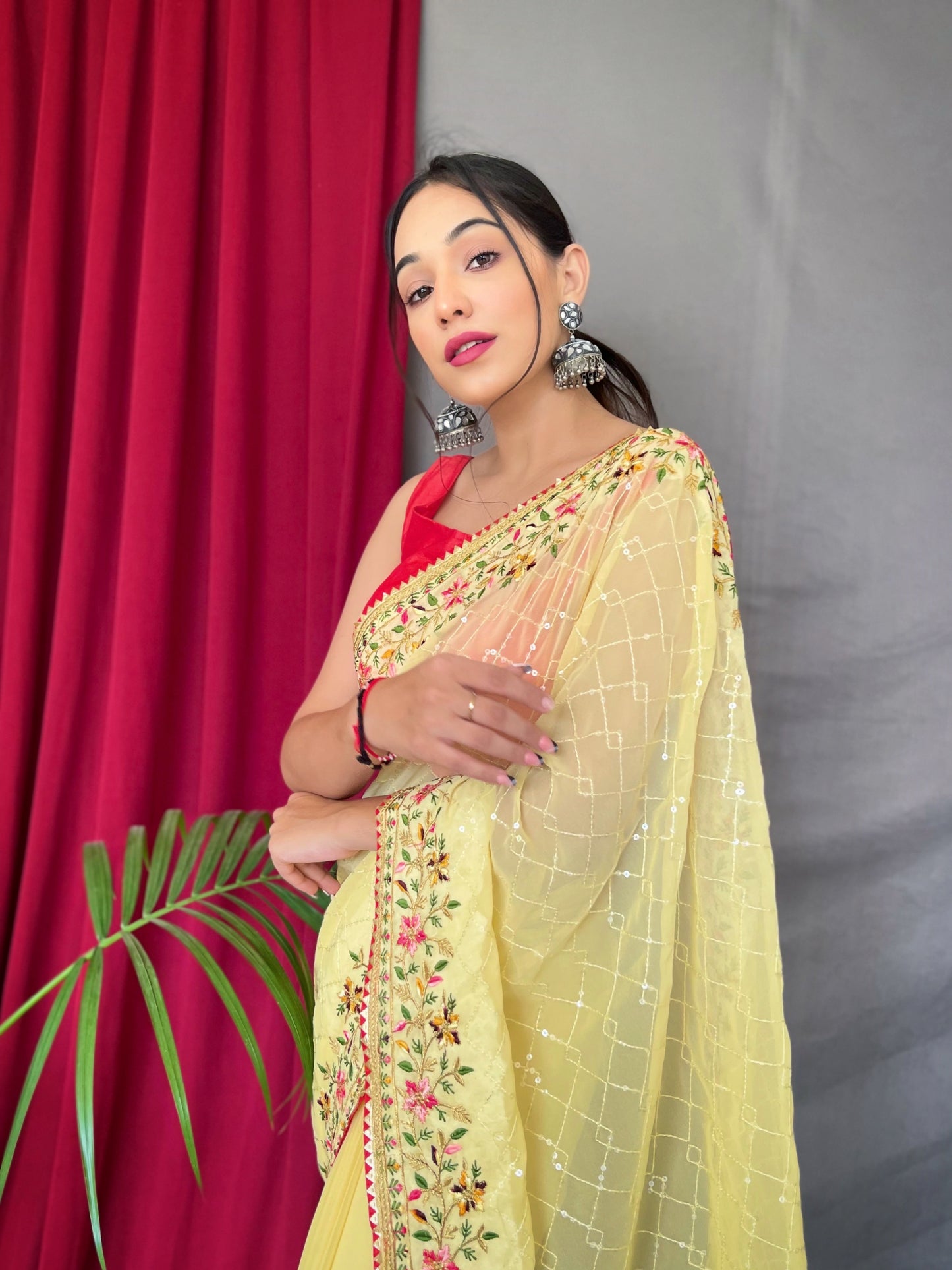 Embroidered Georgette Saree in Light Yellow