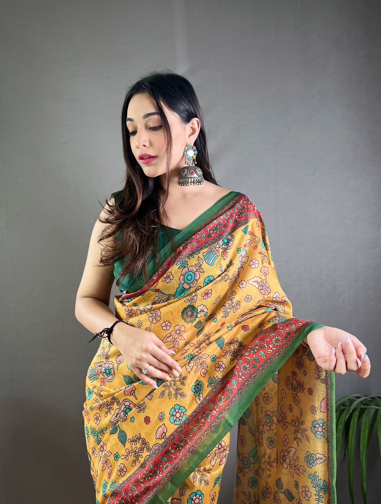 Yellow Floral Print Saree with Contrast Border