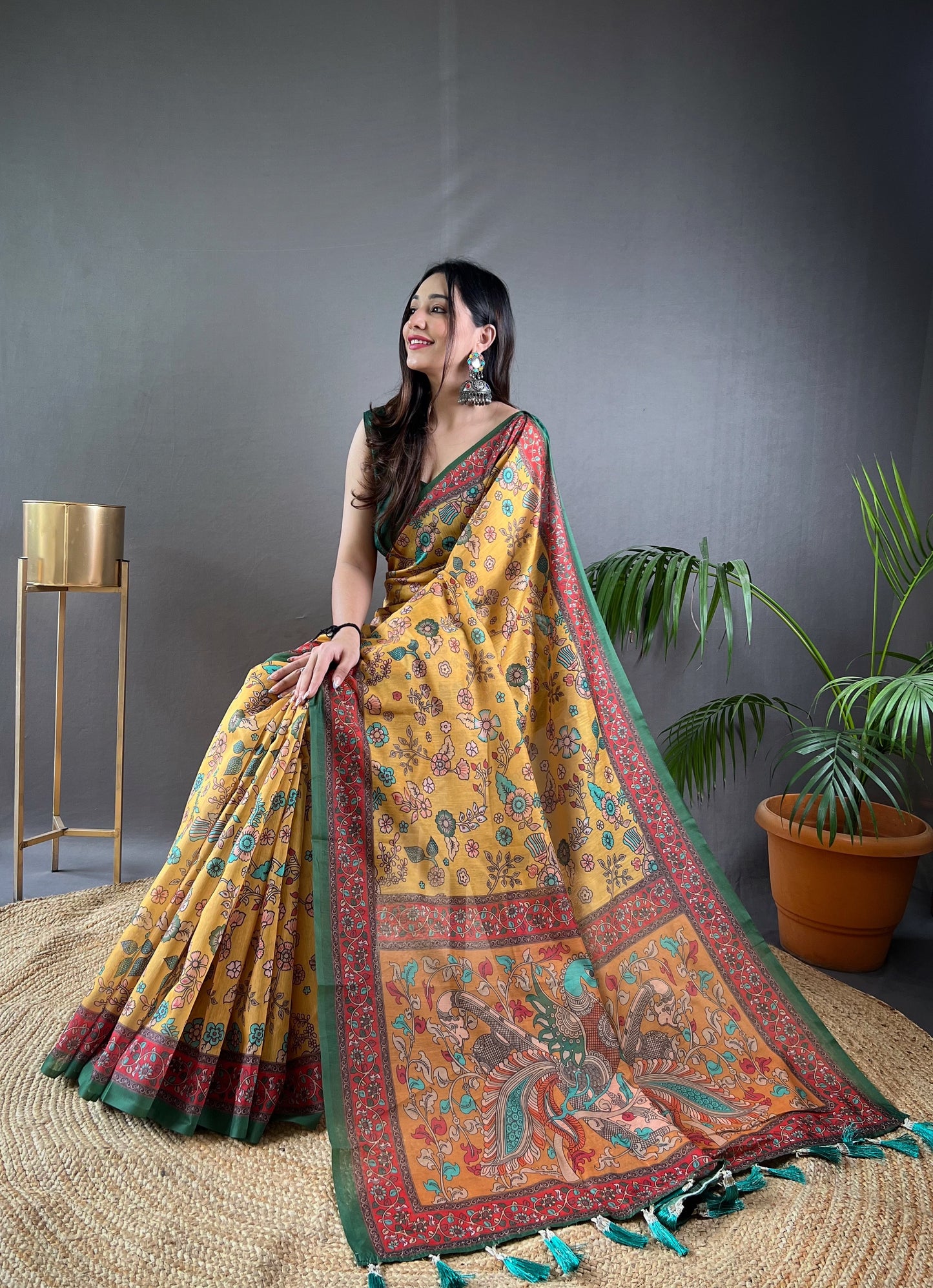 Yellow Floral Print Saree with Contrast Border