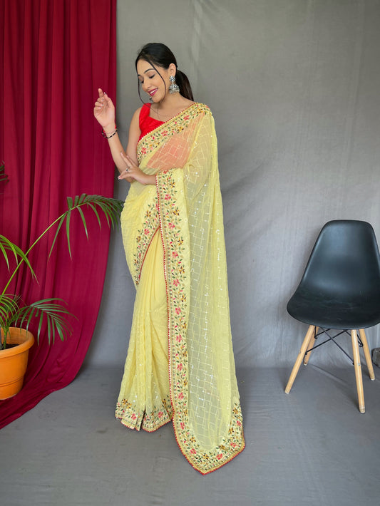 Embroidered Georgette Saree in Light Yellow