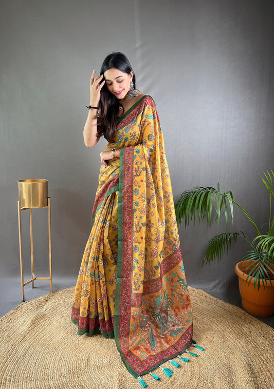 Yellow Floral Print Saree with Contrast Border