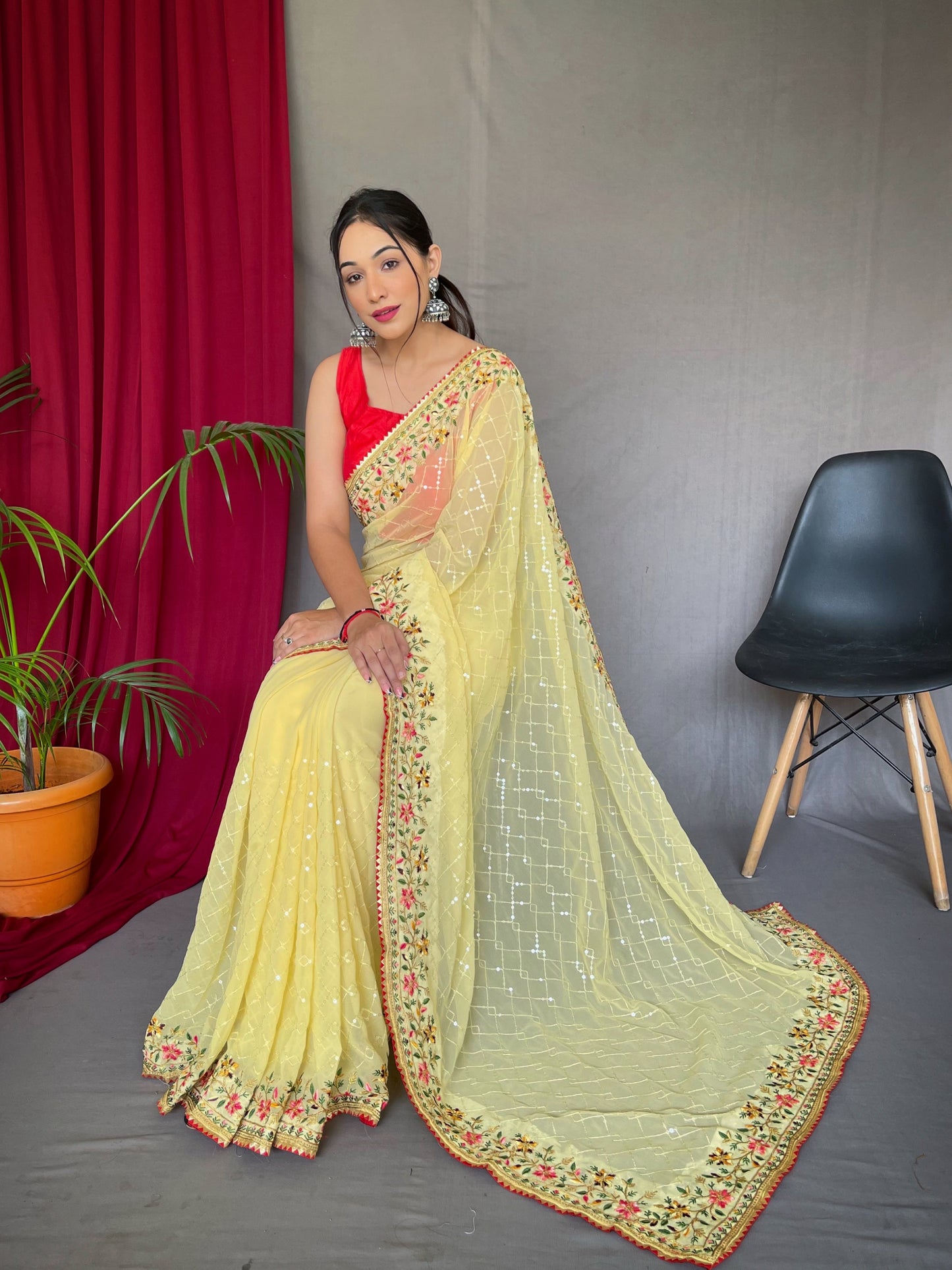 Embroidered Georgette Saree in Light Yellow