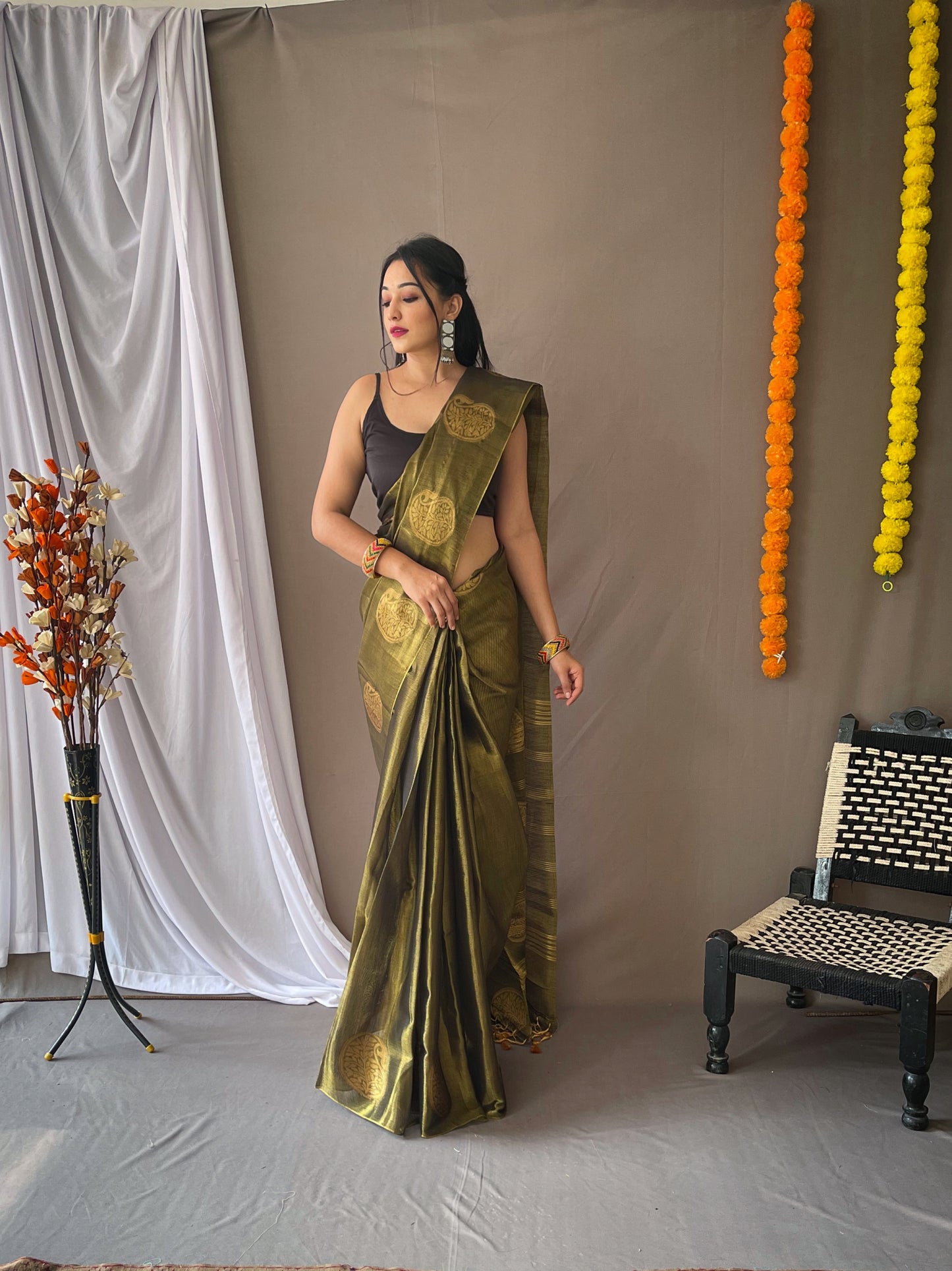 Bottle Green Tissue Silk Saree with Tassels