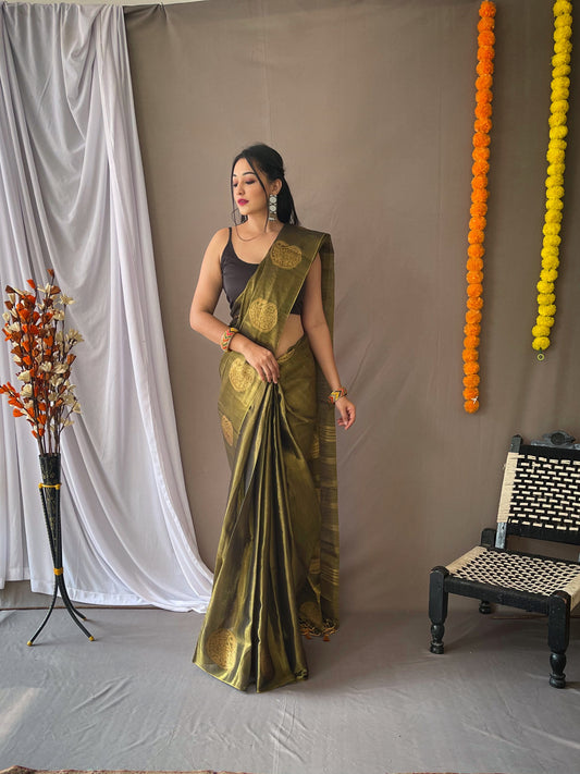 Bottle Green Tissue Silk Saree with Tassels