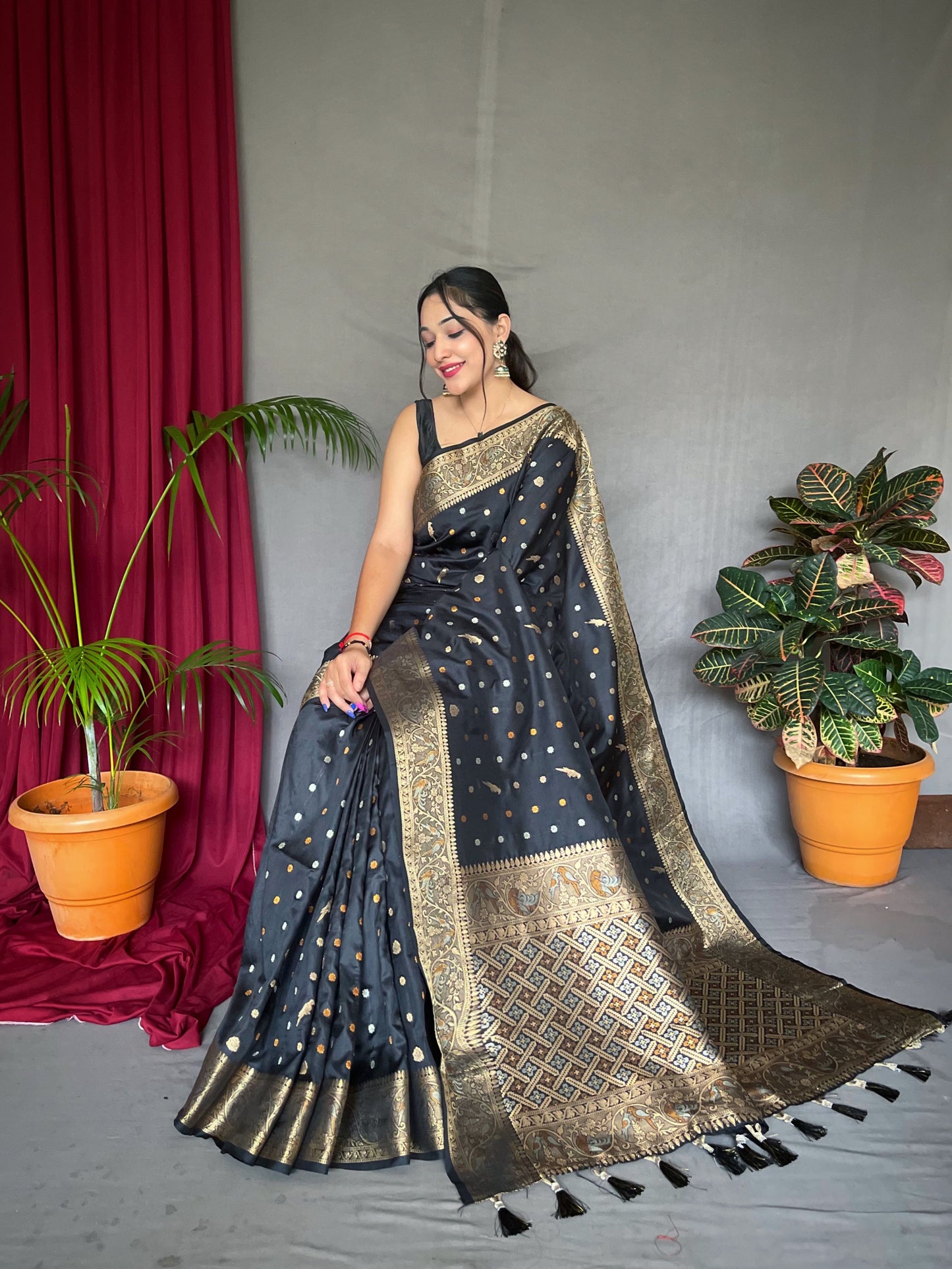 Black Floral Woven Soft Silk Saree