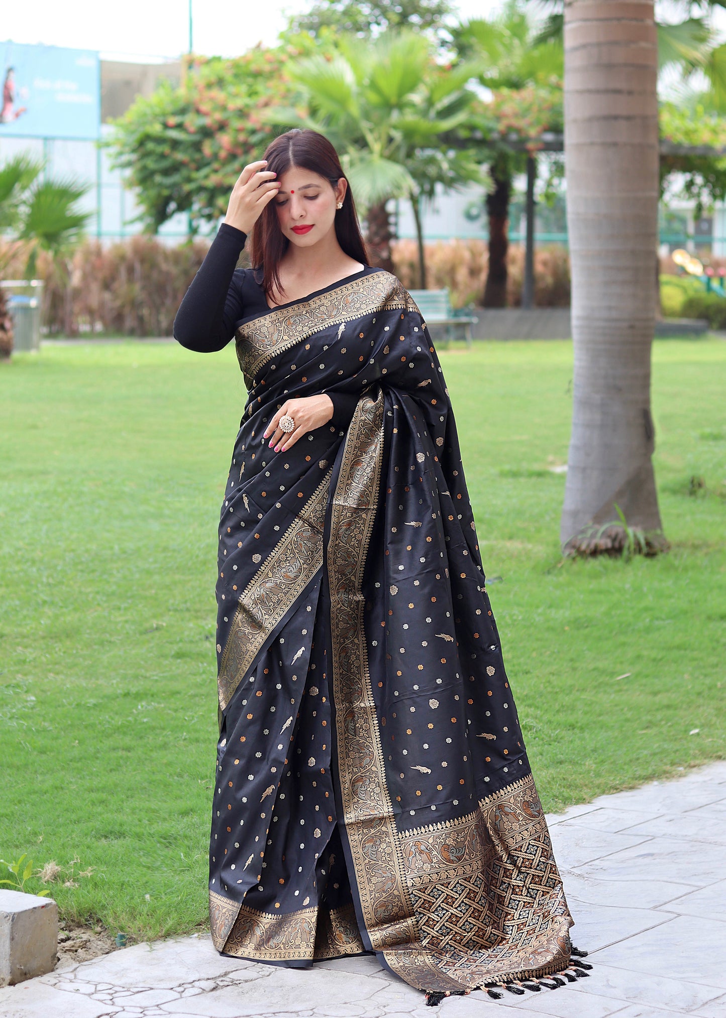 Black Floral Woven Soft Silk Saree