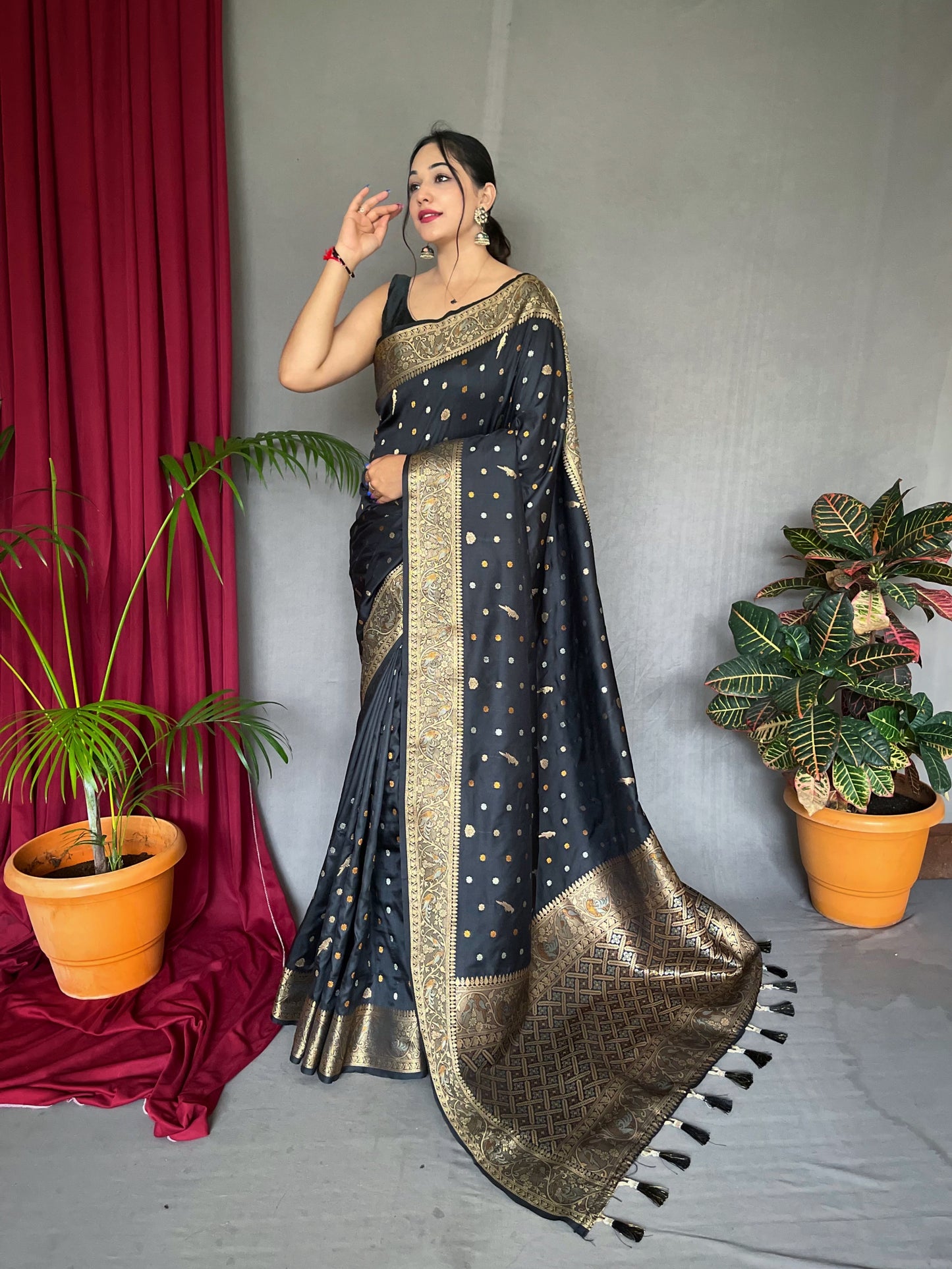 Black Floral Woven Soft Silk Saree