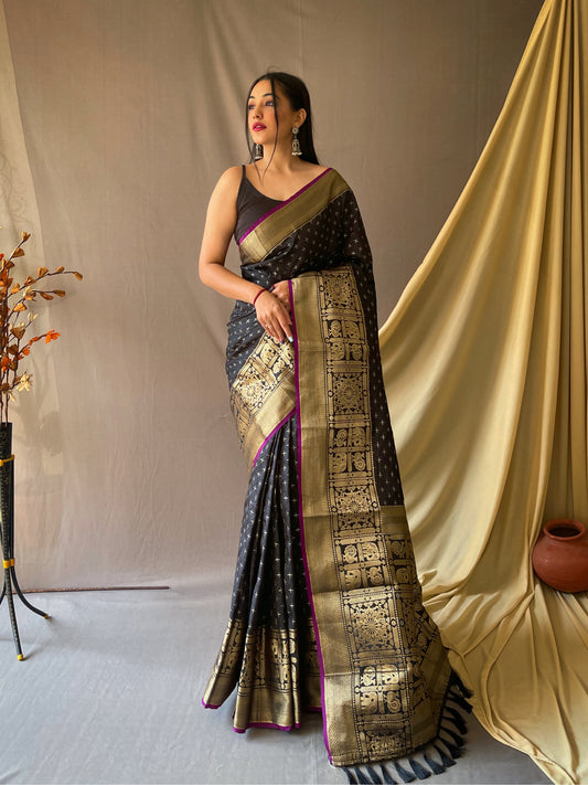 Black Woven Saree with Contrast Border