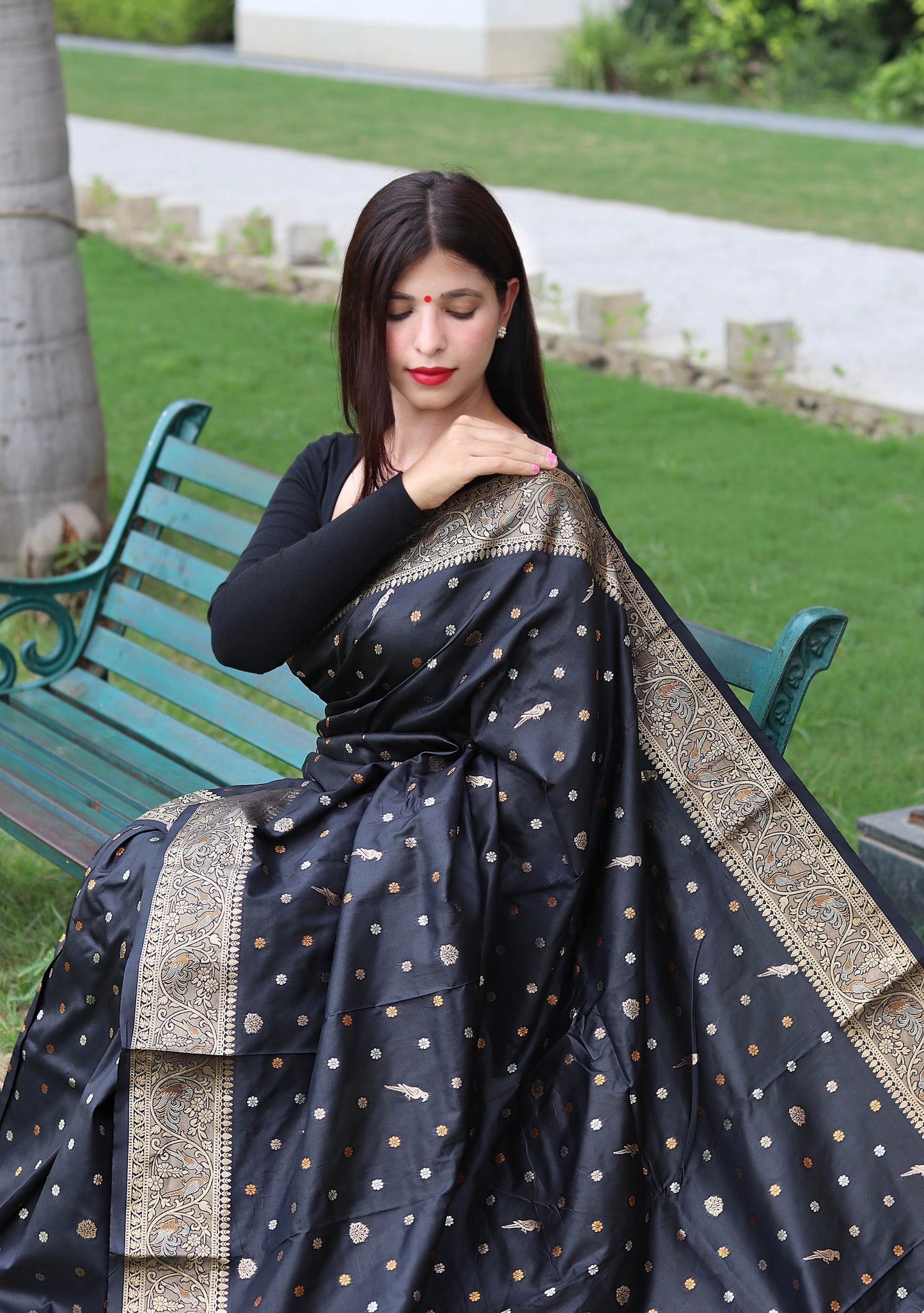 Black Floral Woven Soft Silk Saree