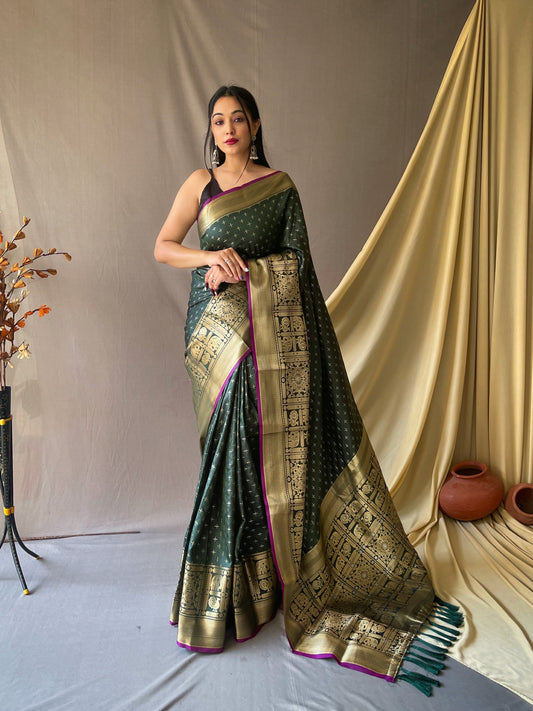 Bottle Green Woven Saree with Contrast Border