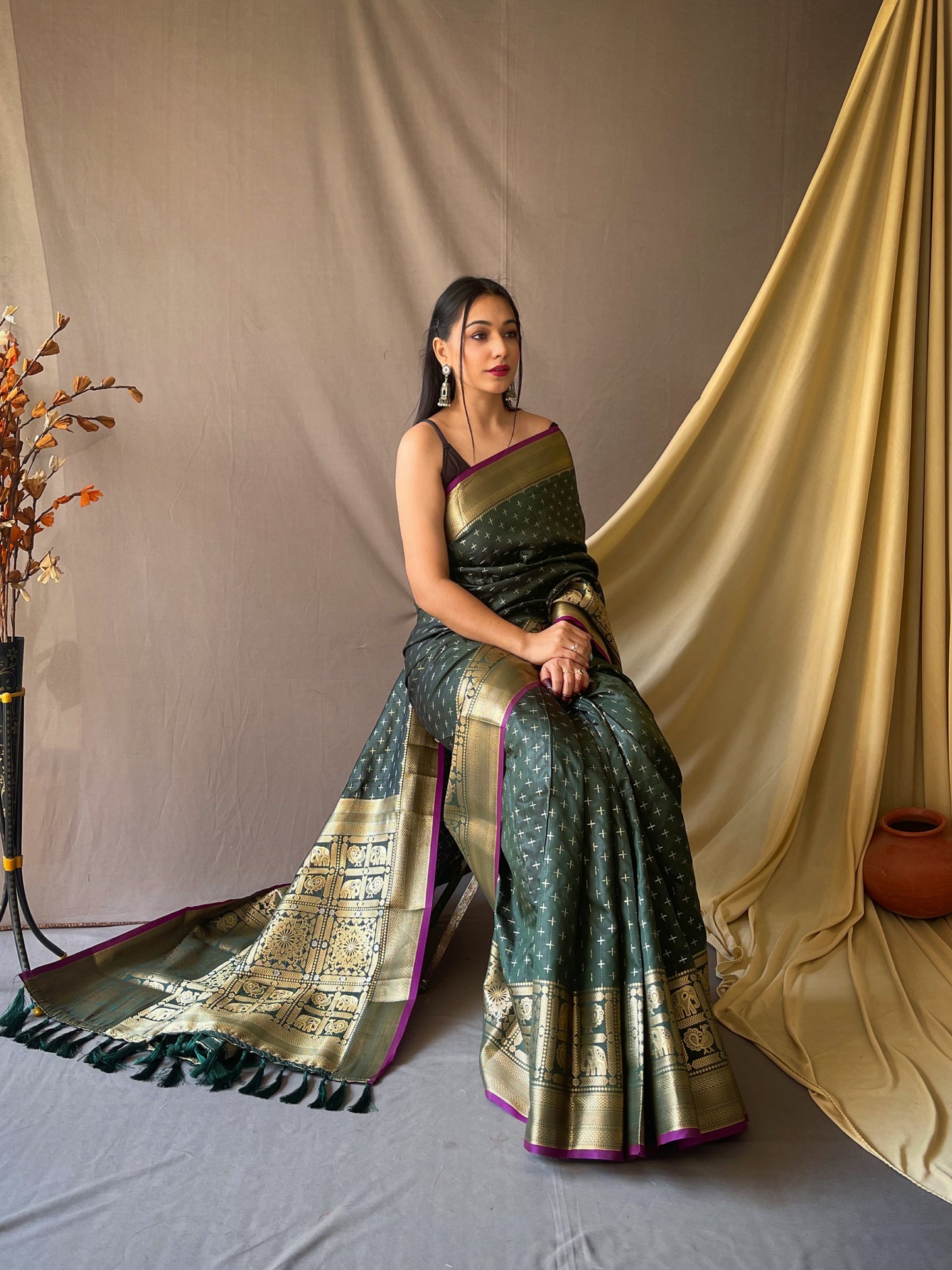 Bottle Green Woven Saree with Contrast Border