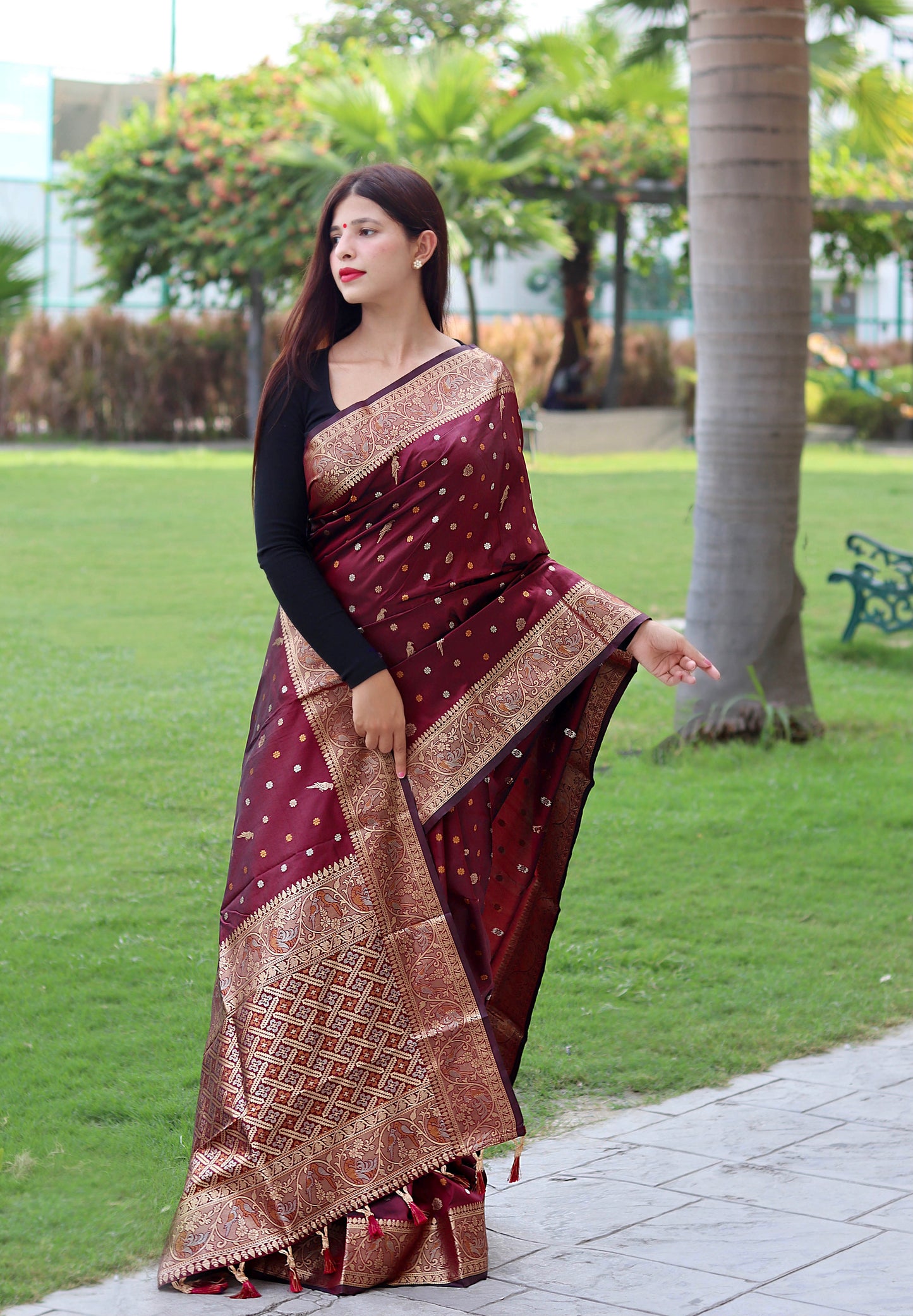 Maroon Floral Woven Soft Silk Saree