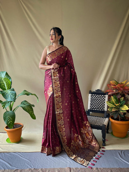 Bright Maroon Pure Soft Silk Saree with Triple Zari Weaving