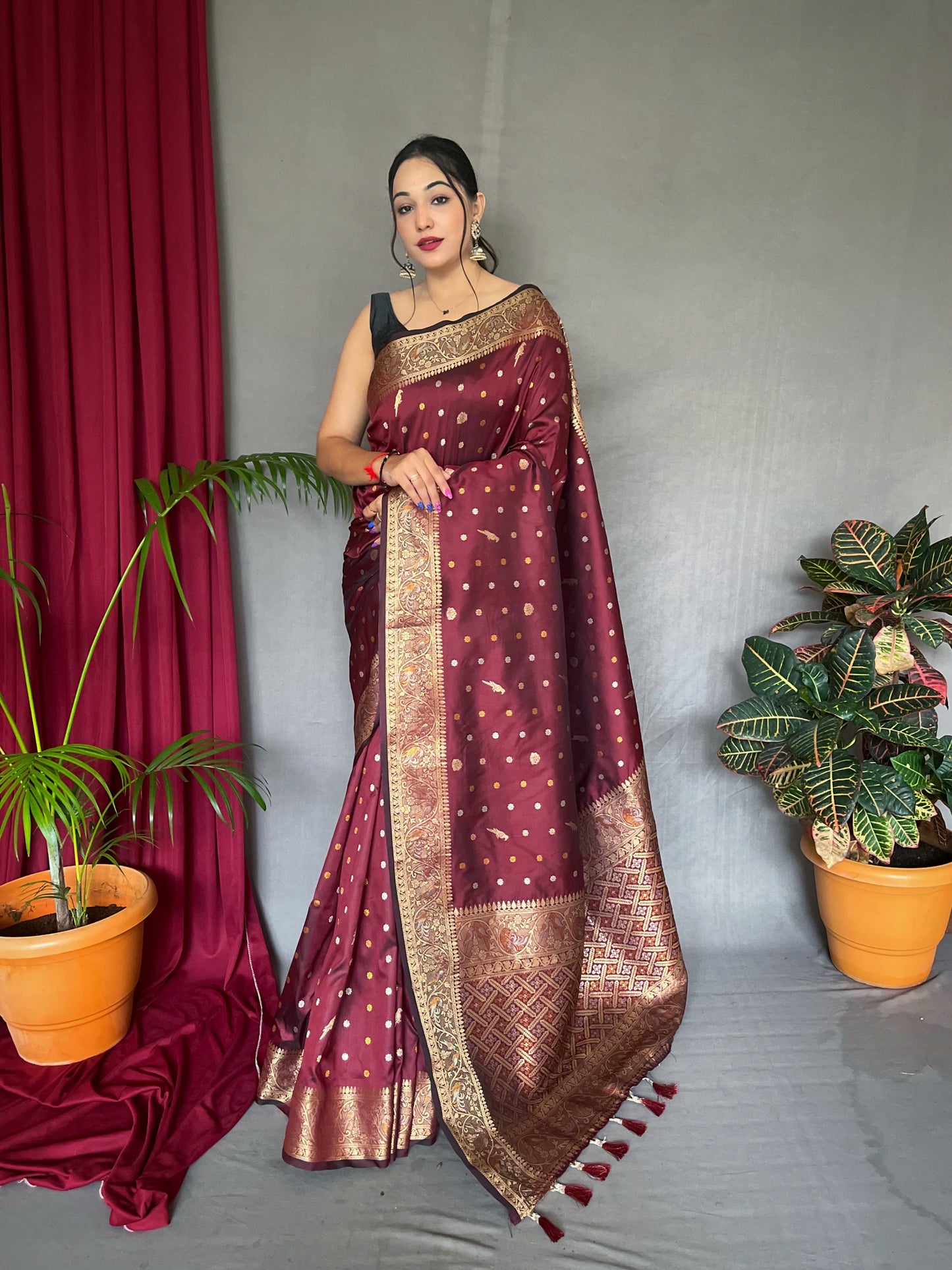 Maroon Floral Woven Soft Silk Saree