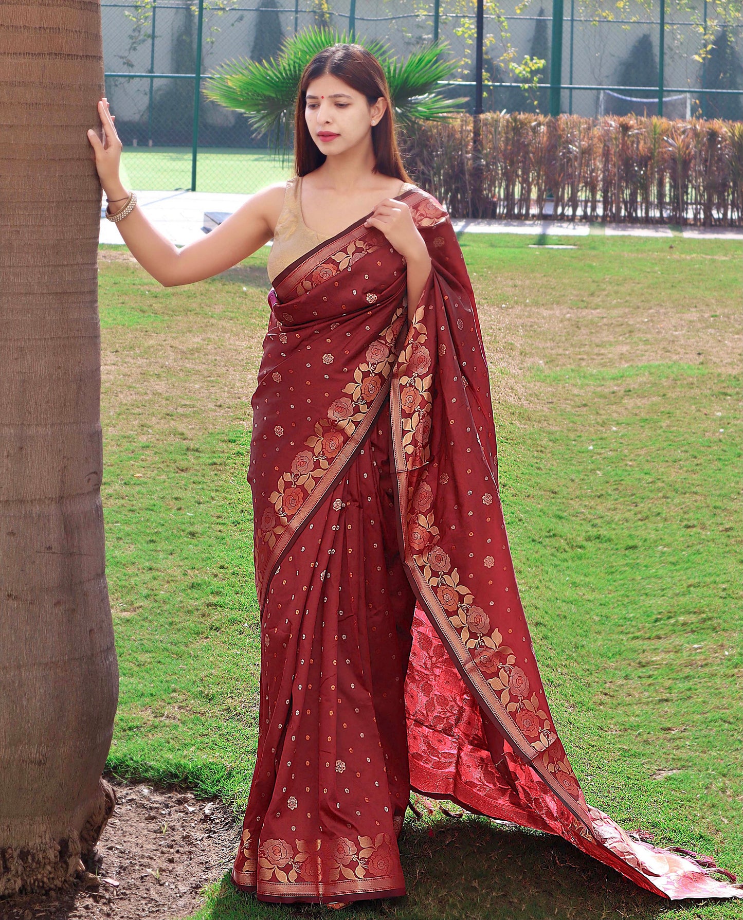 Bright Maroon Pure Soft Silk Saree with Triple Zari Weaving