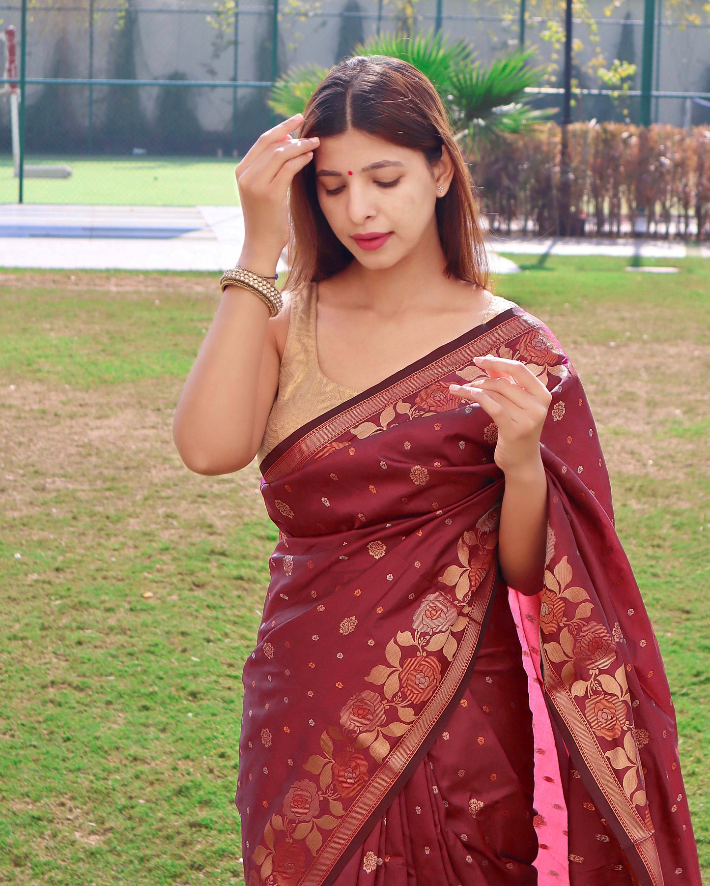 Bright Maroon Pure Soft Silk Saree with Triple Zari Weaving