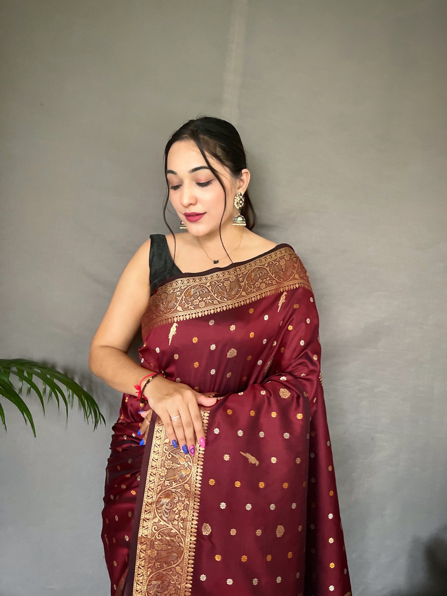 Maroon Floral Woven Soft Silk Saree