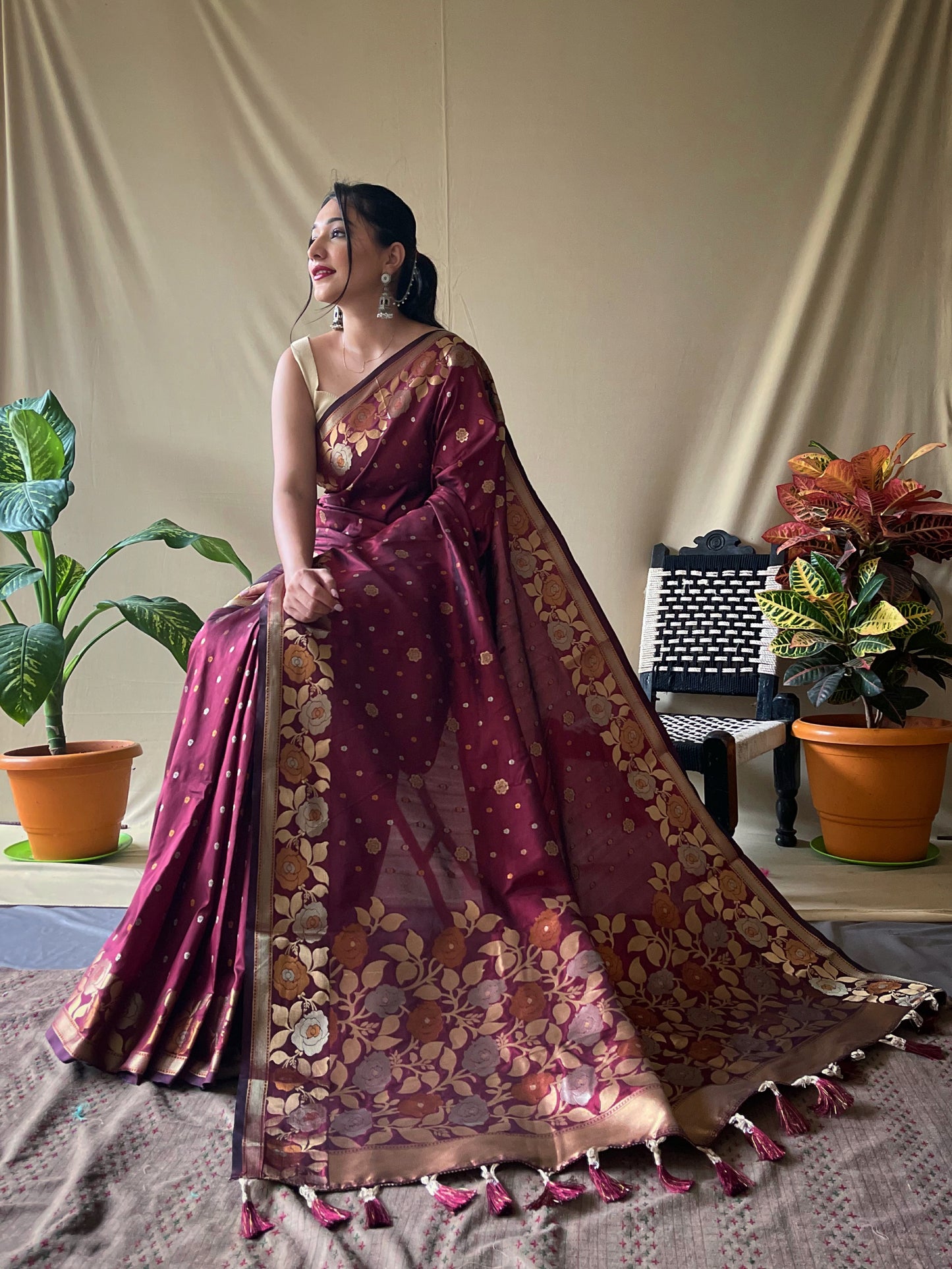 Bright Maroon Pure Soft Silk Saree with Triple Zari Weaving