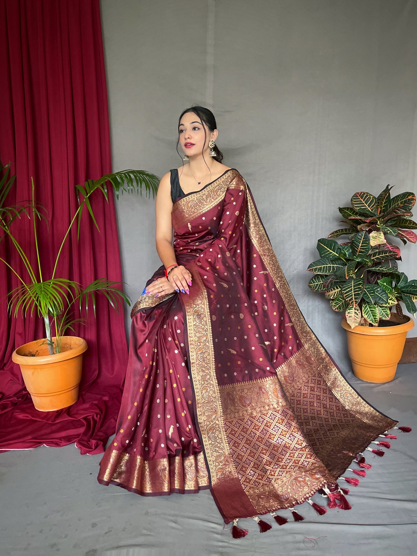 Maroon Floral Woven Soft Silk Saree