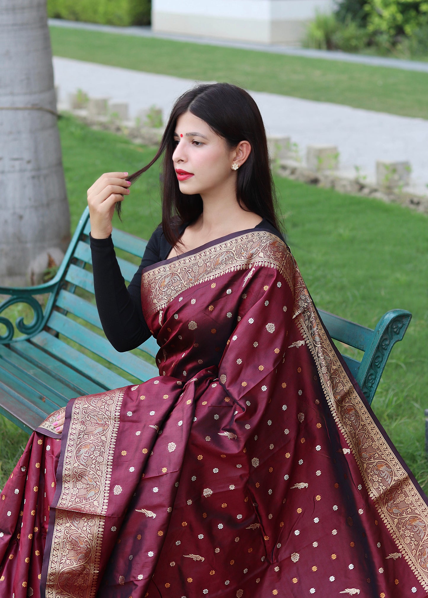 Maroon Floral Woven Soft Silk Saree