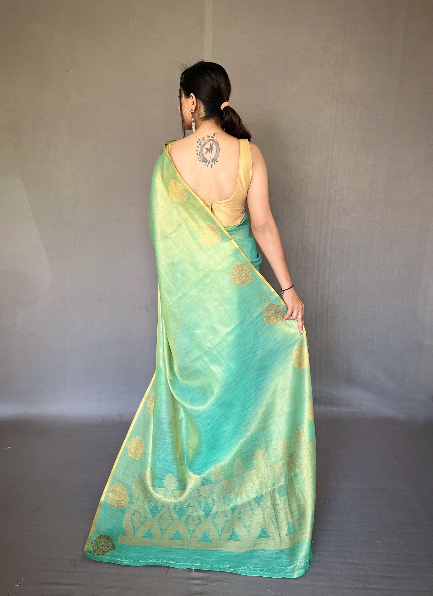 Teal & Gold-Toned Ethnic Motifs Woven Design Zari Saree