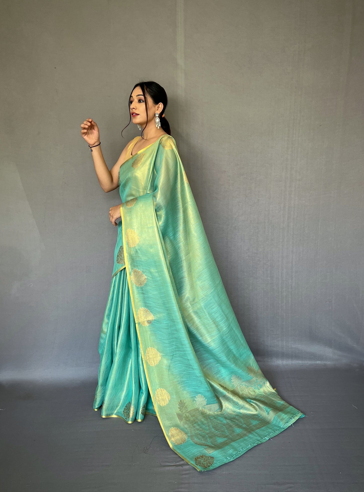 Teal & Gold-Toned Ethnic Motifs Woven Design Zari Saree