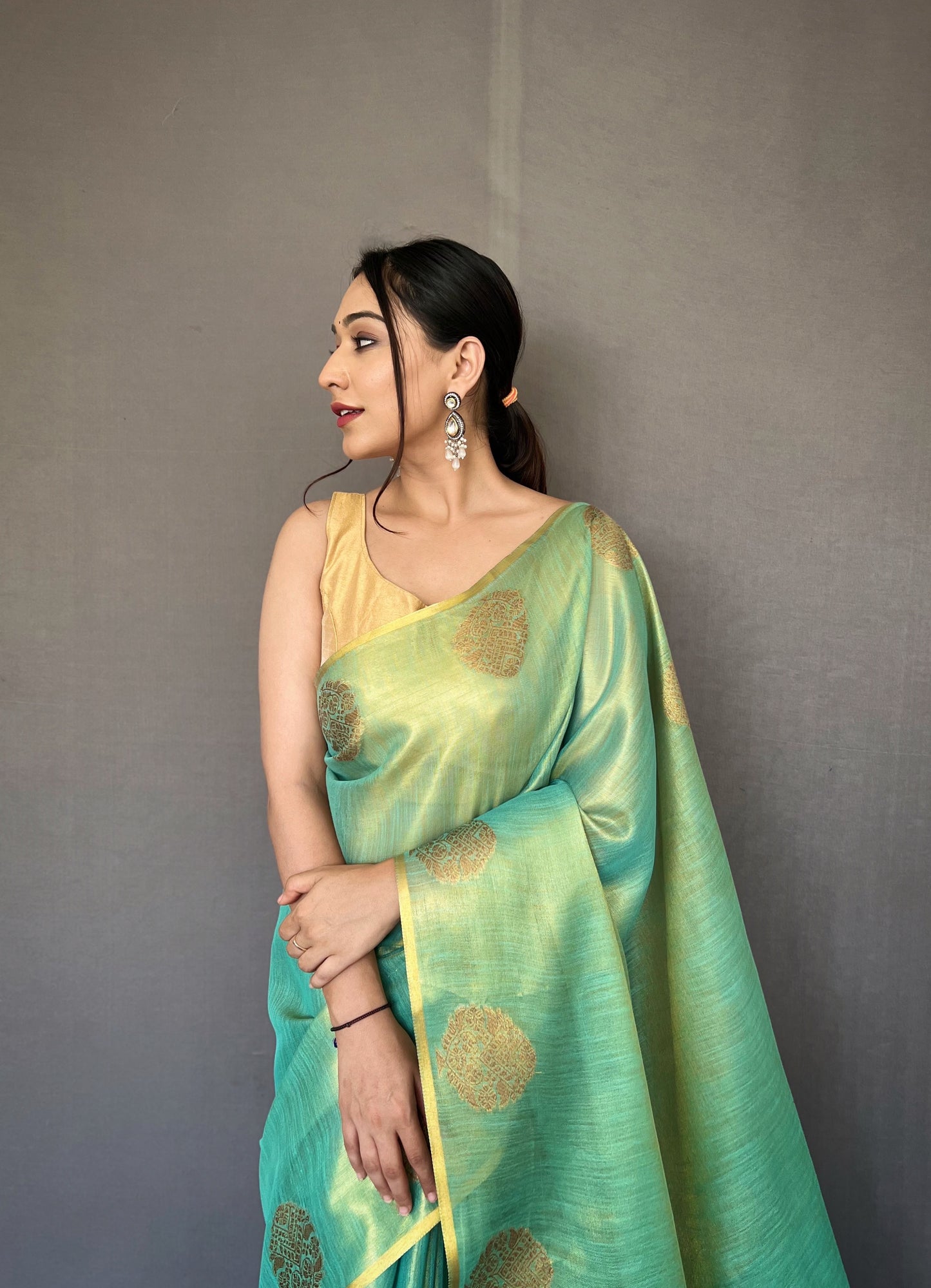 Teal & Gold-Toned Ethnic Motifs Woven Design Zari Saree