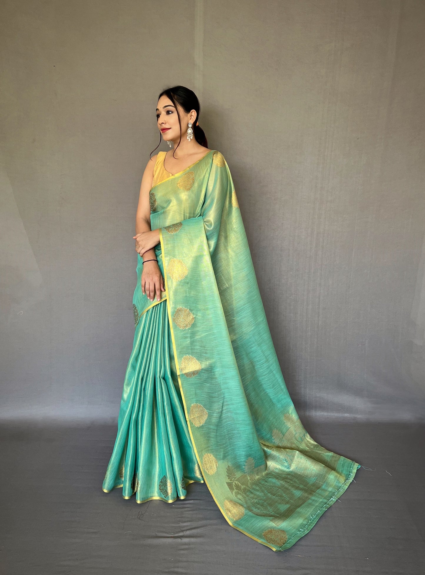 Teal & Gold-Toned Ethnic Motifs Woven Design Zari Saree