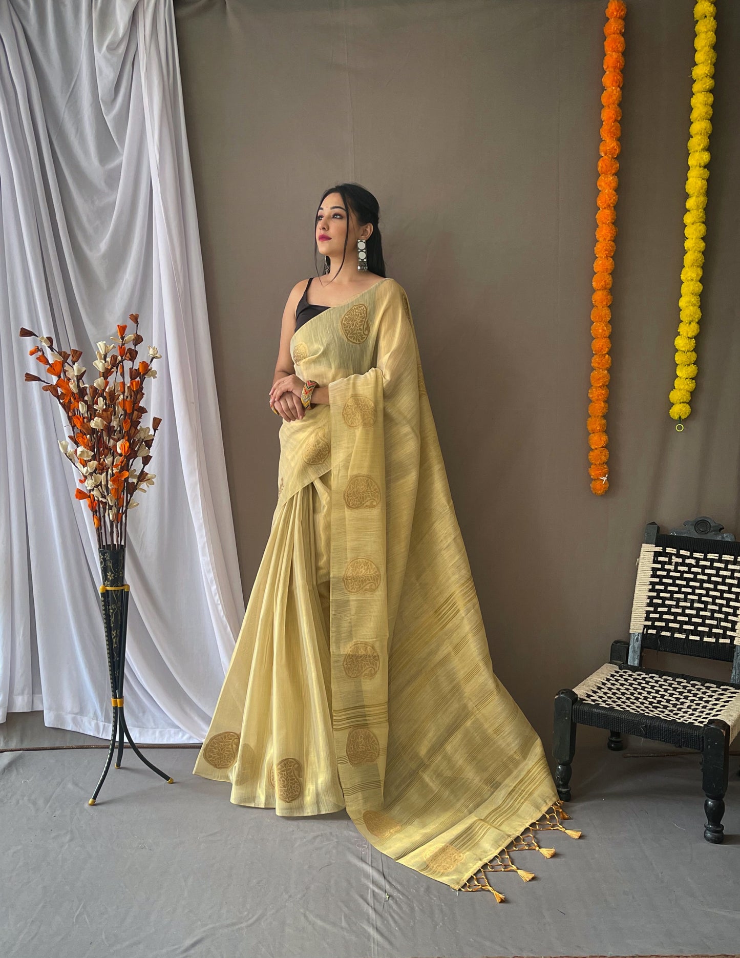 Cream Tissue Silk Saree with Tassels