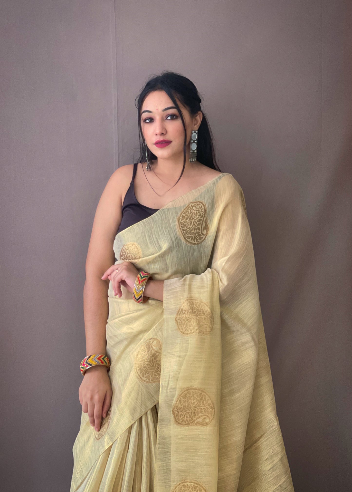 Cream Tissue Silk Saree with Tassels