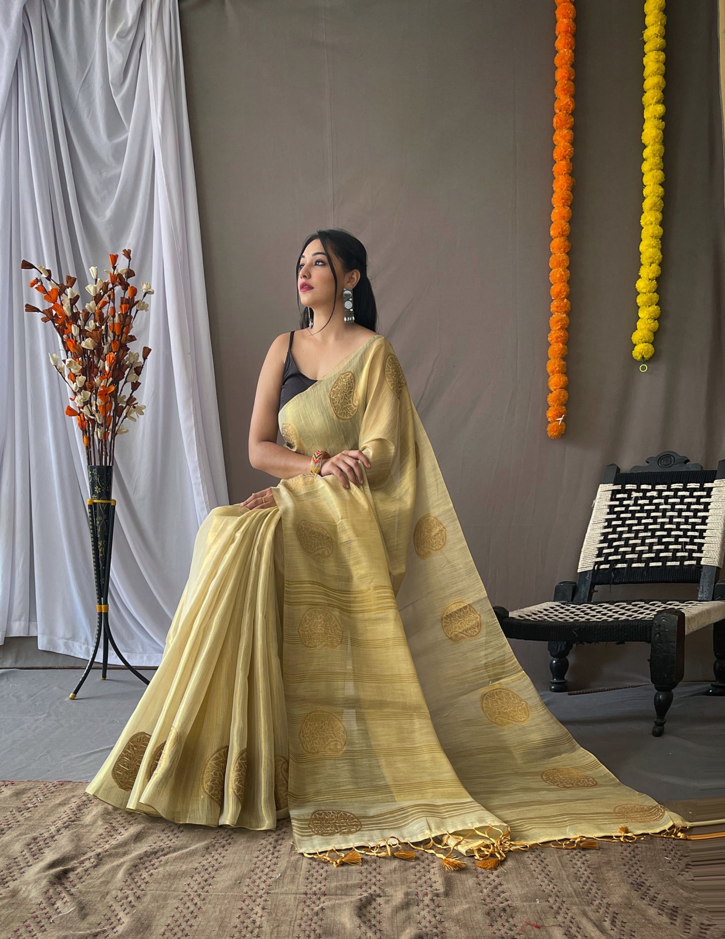 Cream Tissue Silk Saree with Tassels