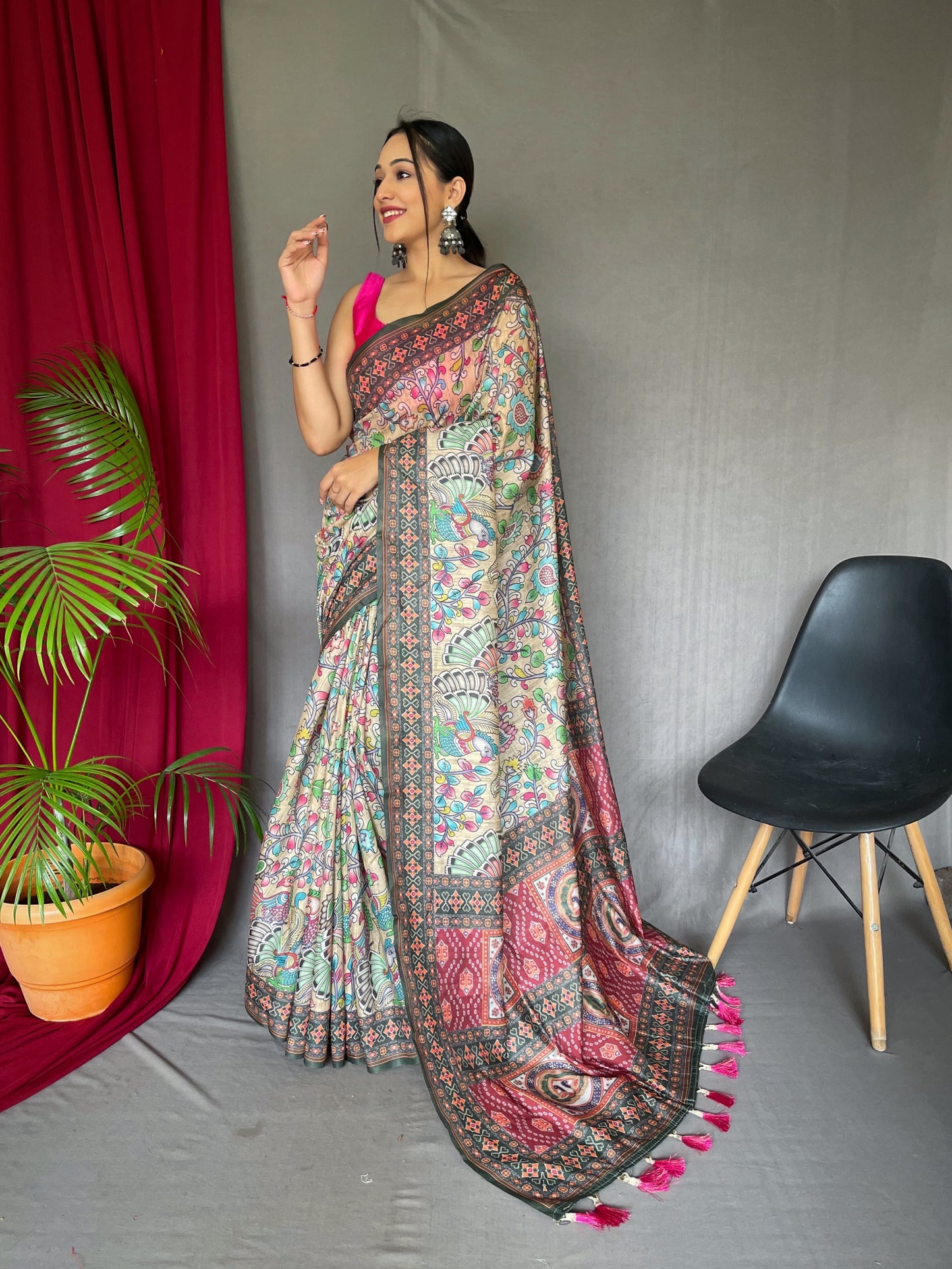 Cream Kalamkari Printed Malai Cotton Saree