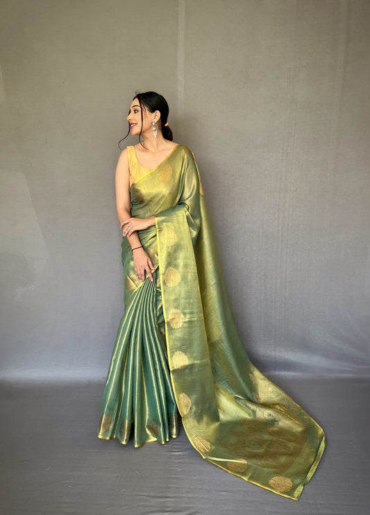 Green & Gold-Toned Woven Design Zari Tissue Saree