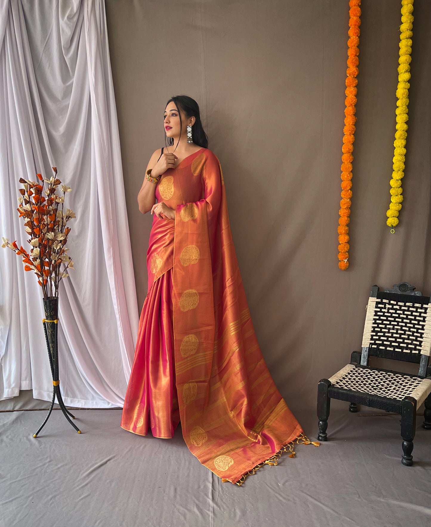 Dark Pink Tissue Silk Saree with Tassels