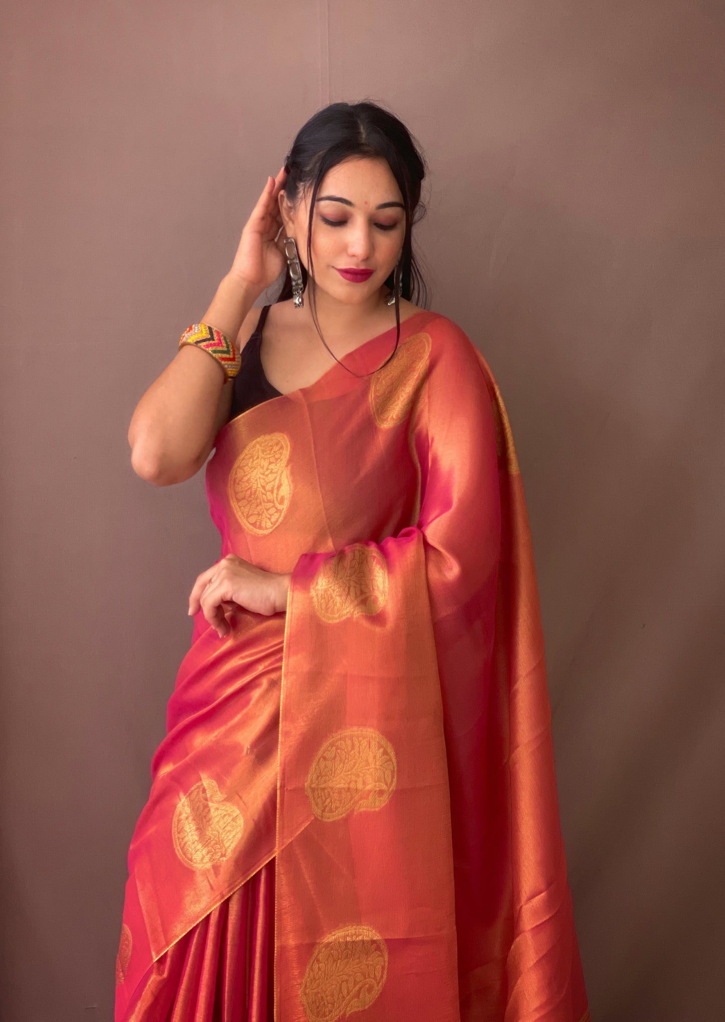 Dark Pink Tissue Silk Saree with Tassels