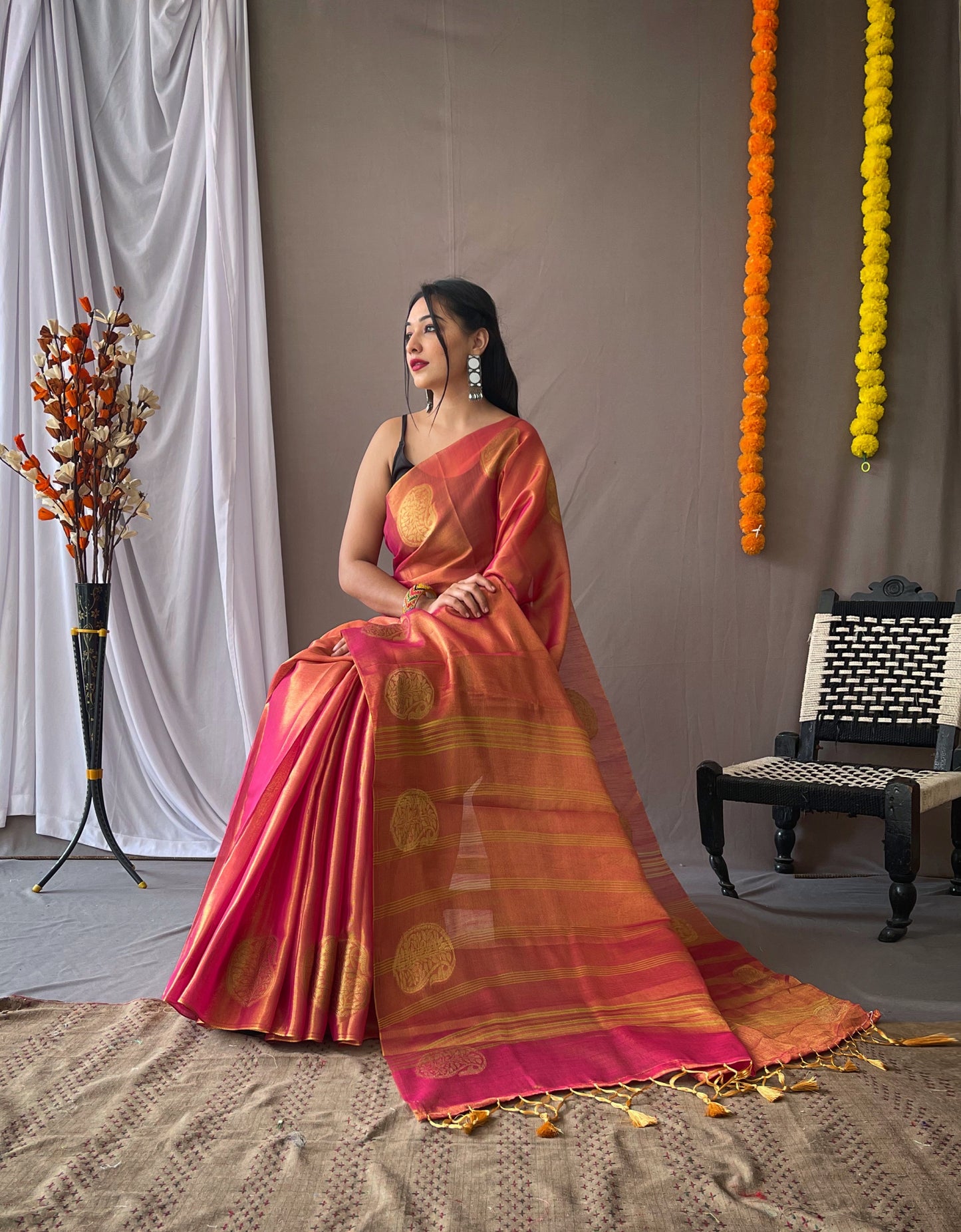 Dark Pink Tissue Silk Saree with Tassels