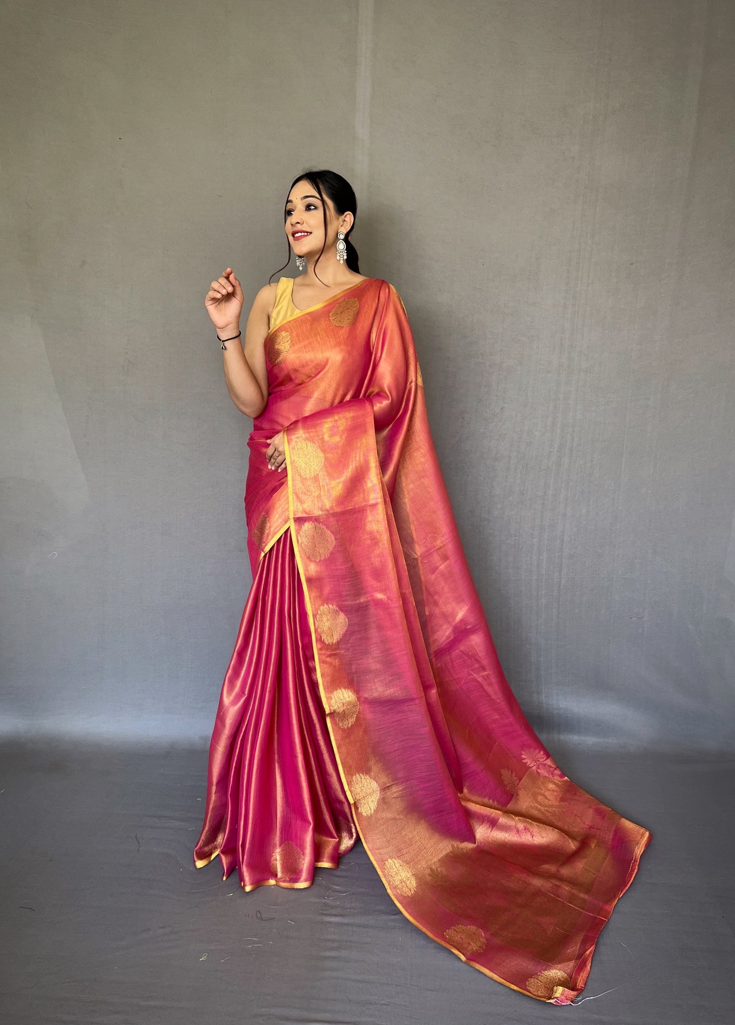 Dark Pink & Gold-Toned Woven Design Zari Tissue Saree