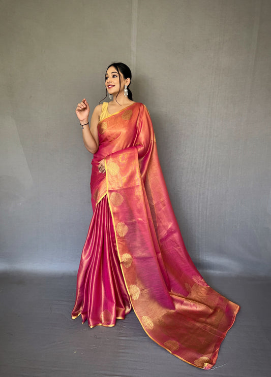 Dark Pink & Gold-Toned Woven Design Zari Tissue Saree