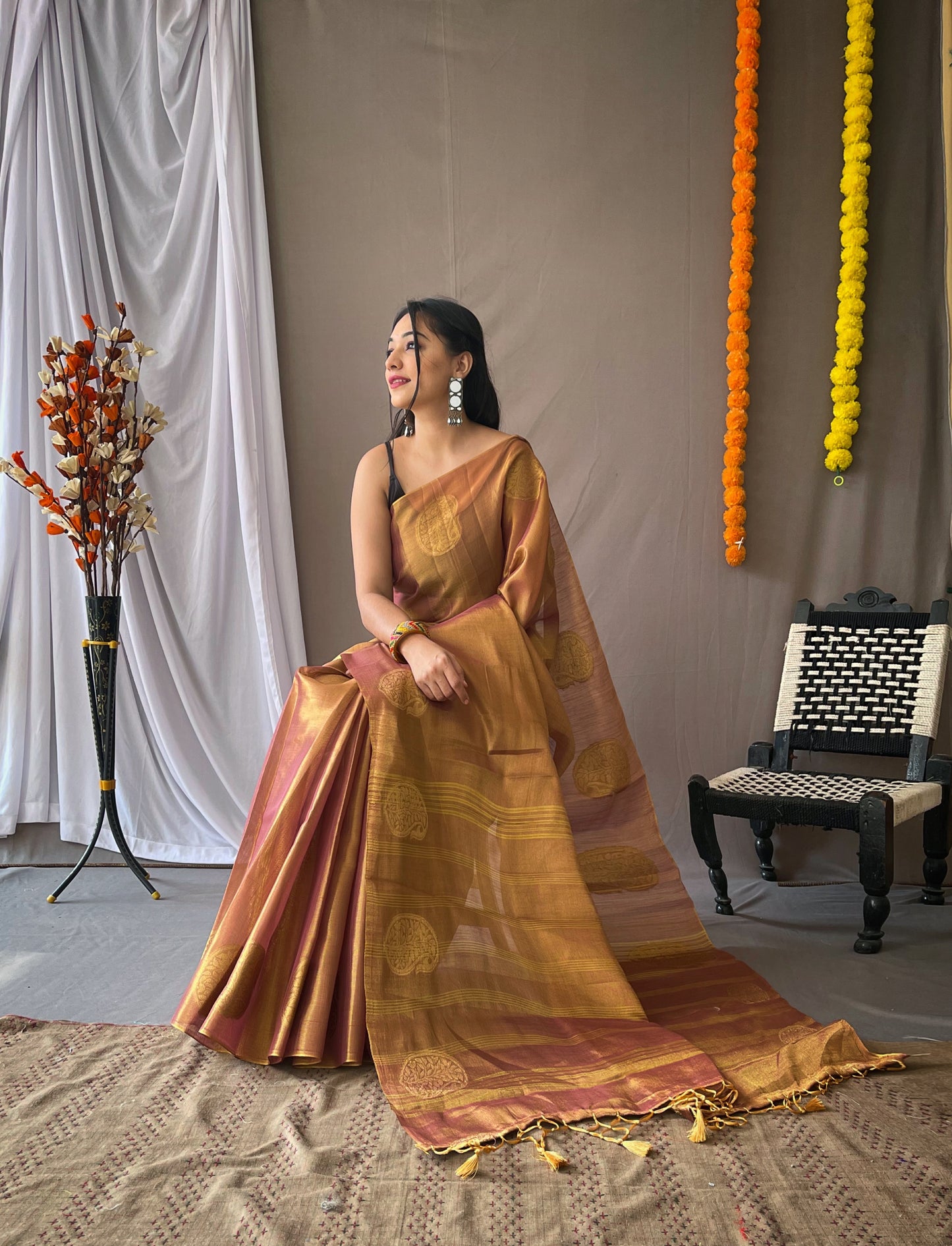 Dusty Tissue Silk Saree with Tassels