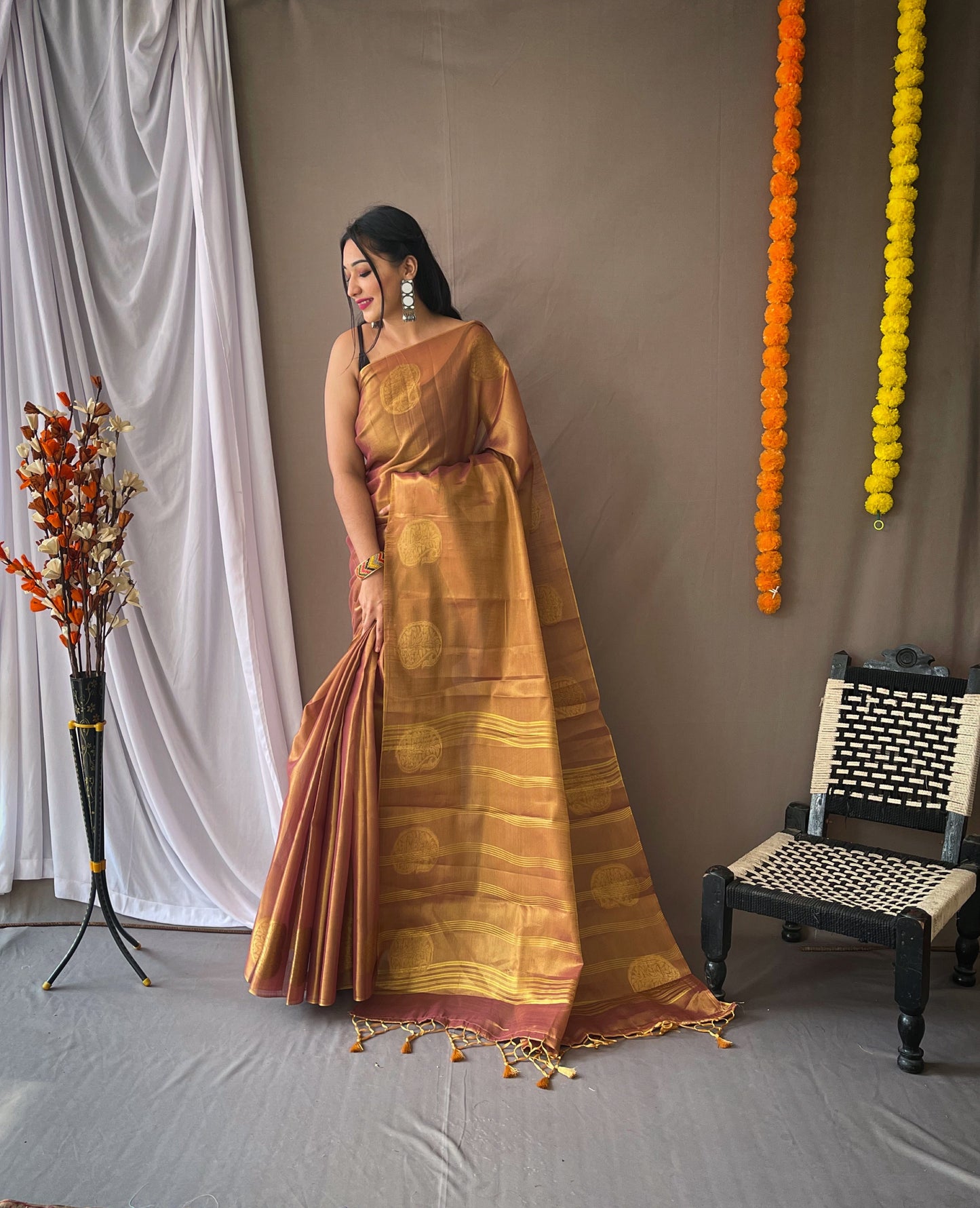 Dusty Tissue Silk Saree with Tassels