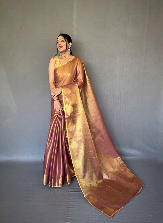 Dusty & Gold-Toned Woven Design Zari Tissue Saree