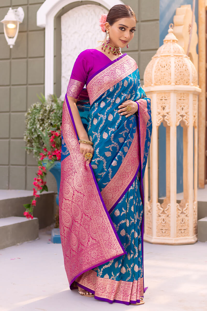 French Blue Satin Banarasi Silk Saree