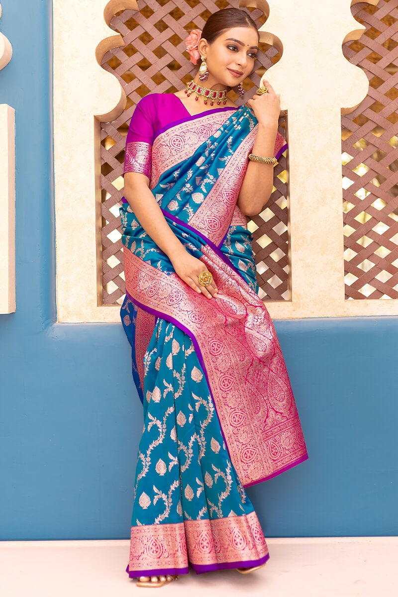 French Blue Satin Banarasi Silk Saree