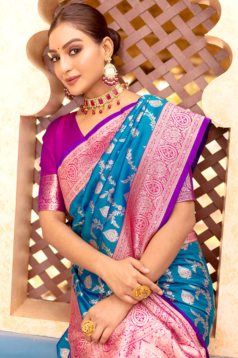 French Blue Satin Banarasi Silk Saree