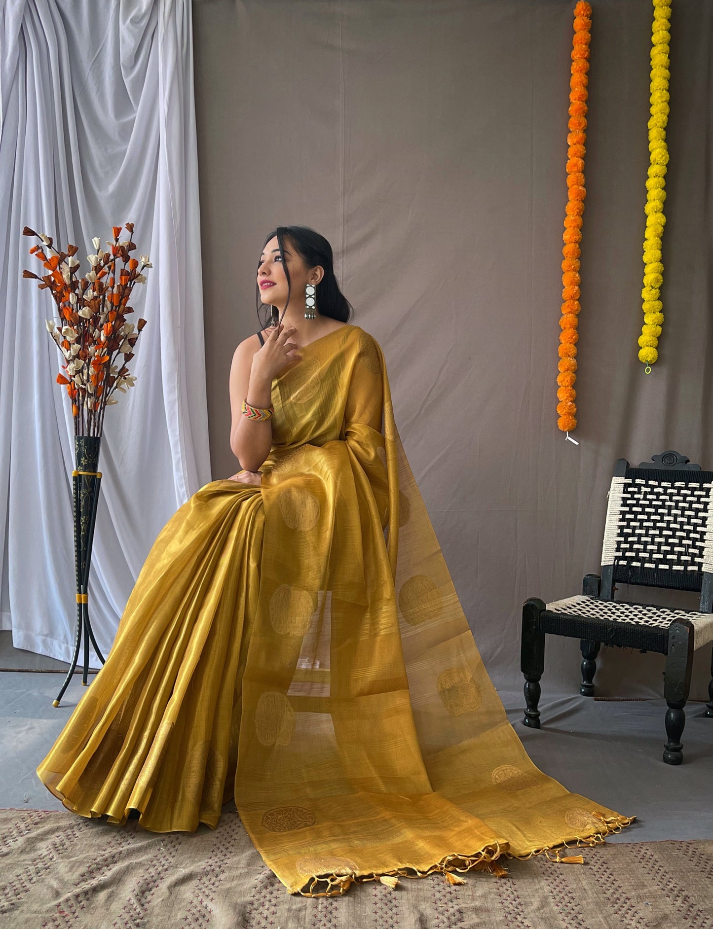 Golden Tissue Silk Saree with Tassels