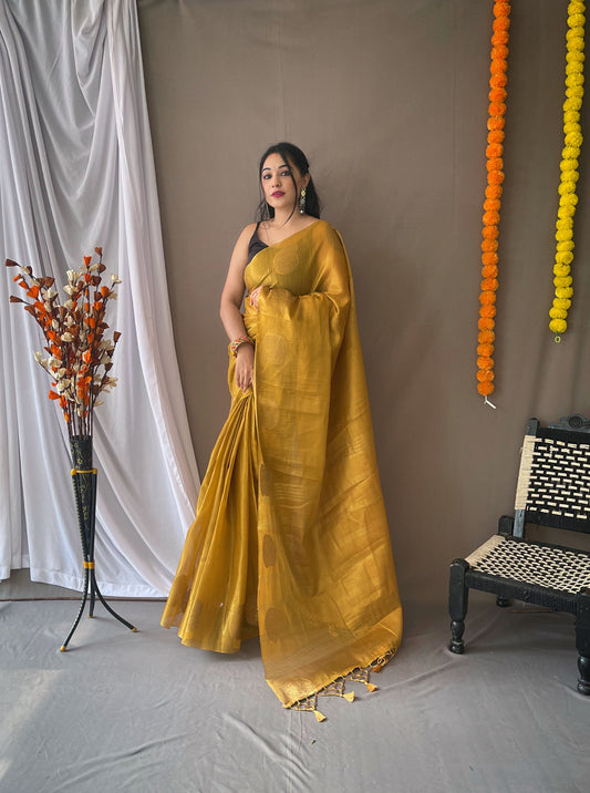 Golden Tissue Silk Saree with Tassels