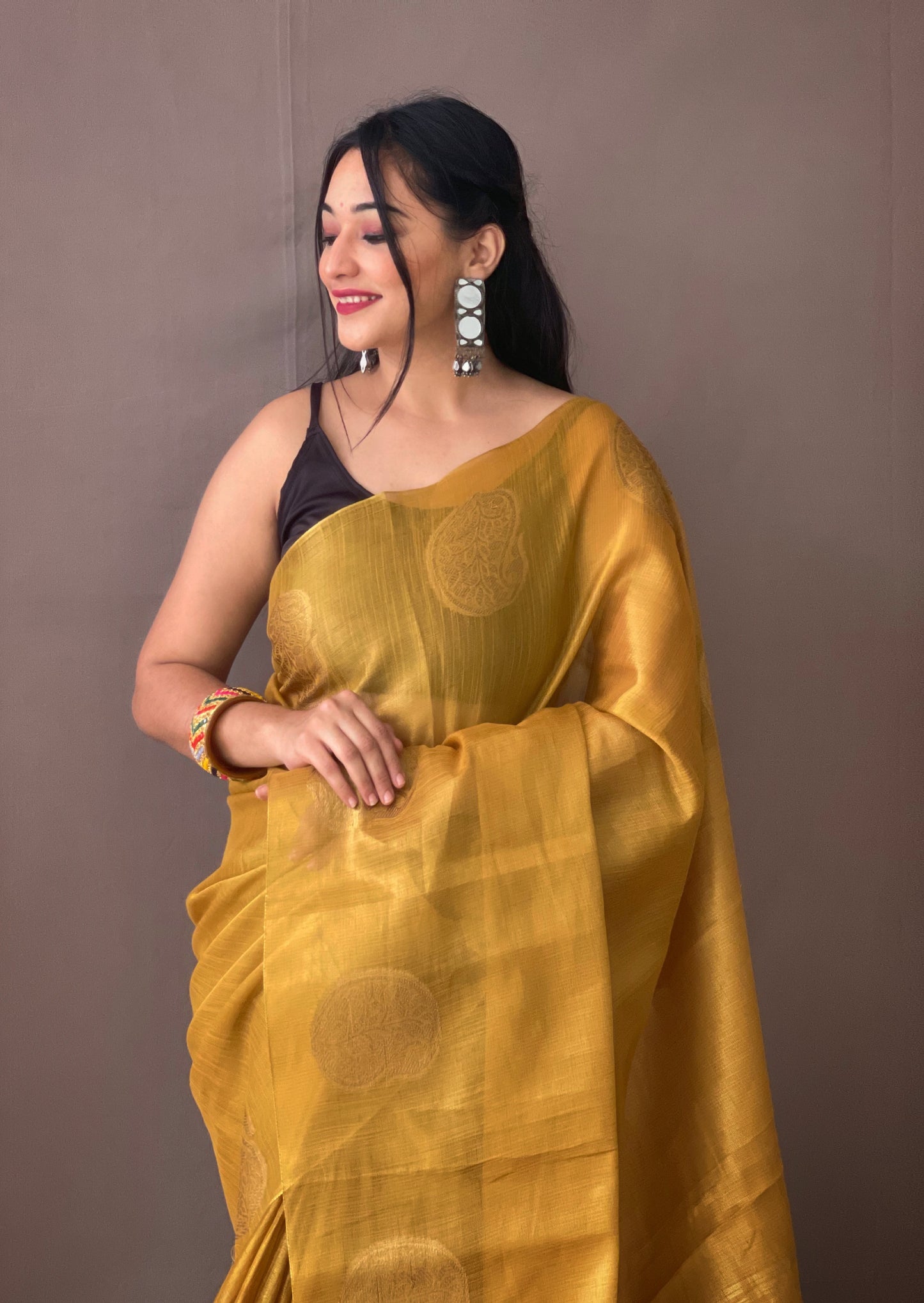 Golden Tissue Silk Saree with Tassels