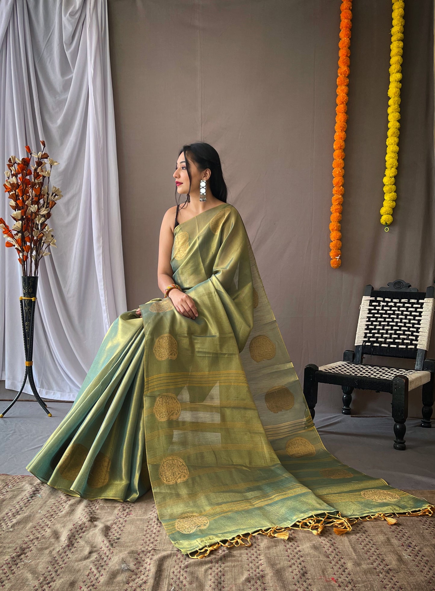 Green Tissue Silk Saree with Tassels