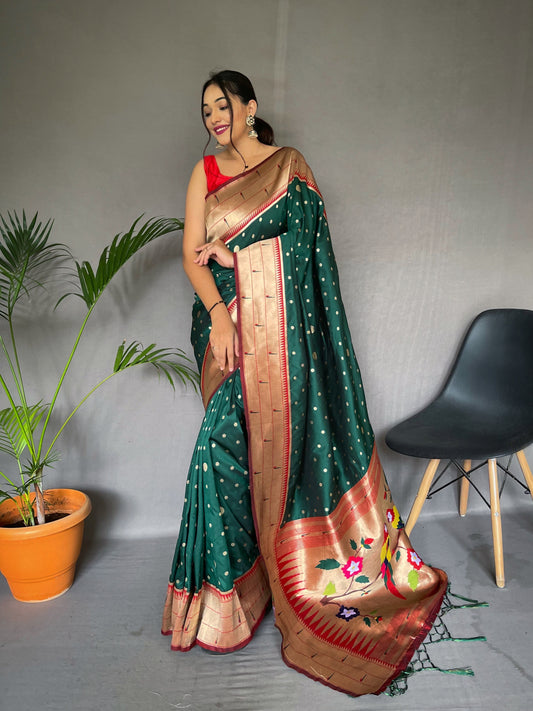 Green Printed Paithani Silk Saree Set